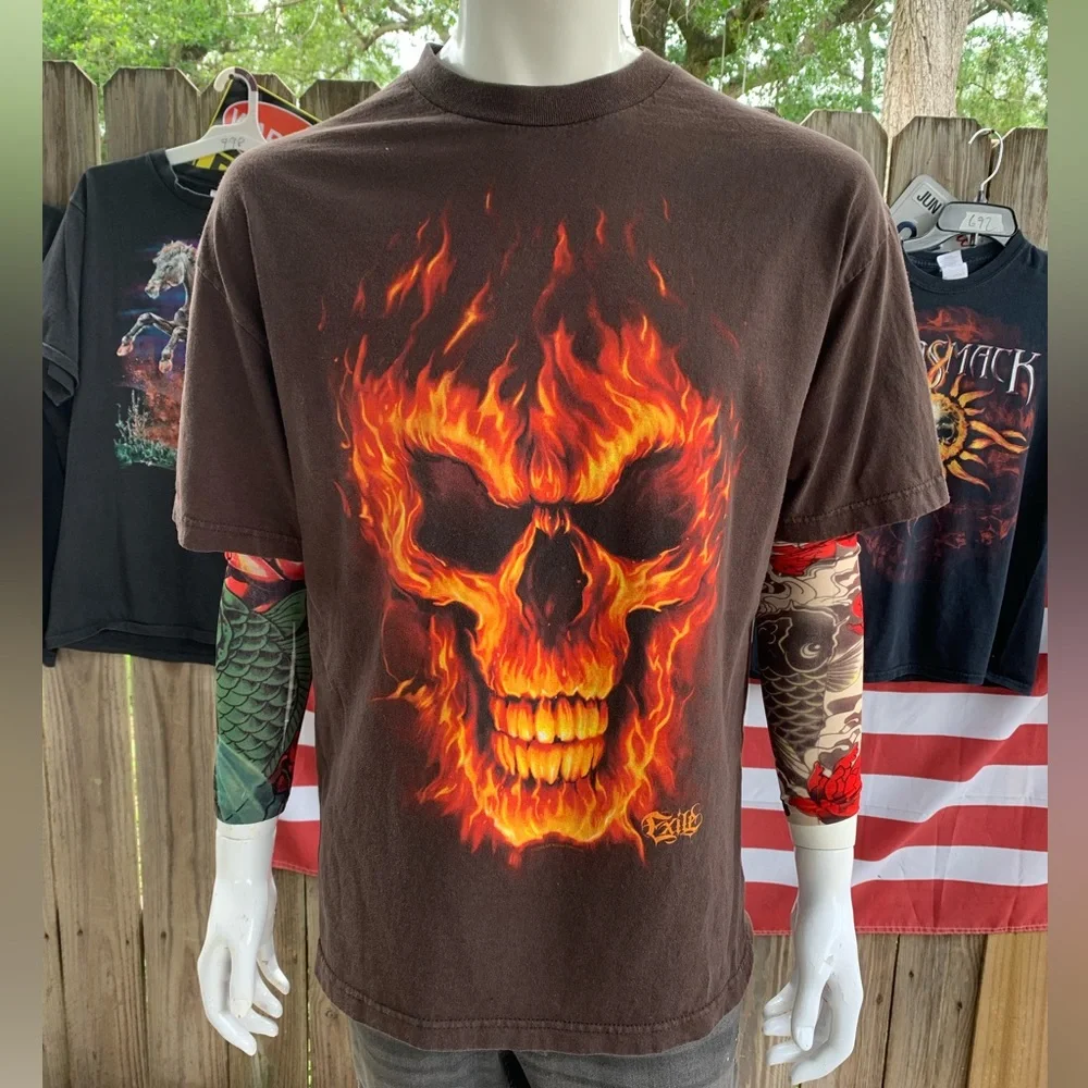 Vintage 90s-00s Exile fire Skull T-shirt Size XL - Picture 1 of 7